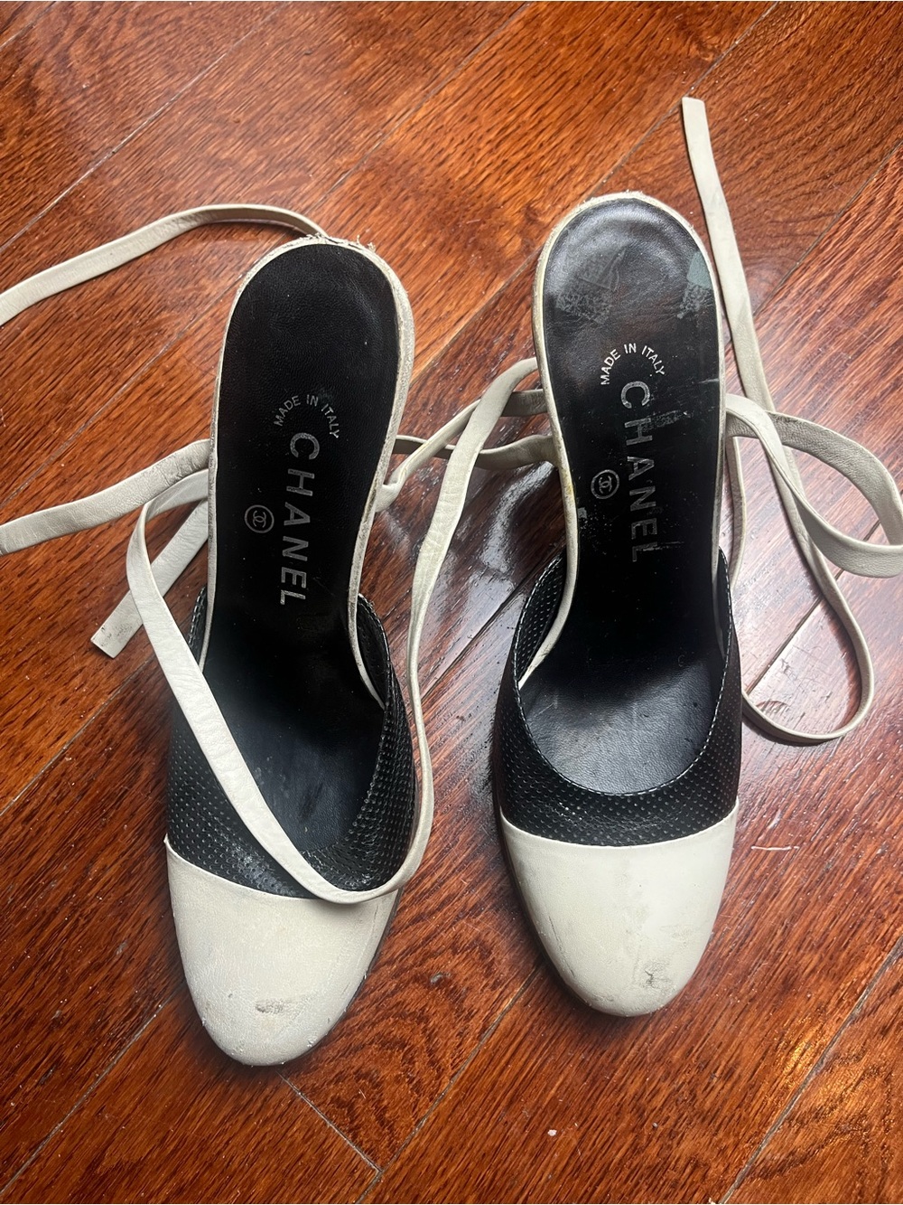 CHANEL Black and Cream Ankle Tie Slingback Pumps